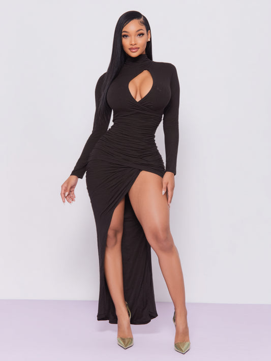 2025 Autumn Women's Dresses Sexy Plain Long Sleeve High Neck Ruched Cut-Out High-Slit Maxi Evening Dresses