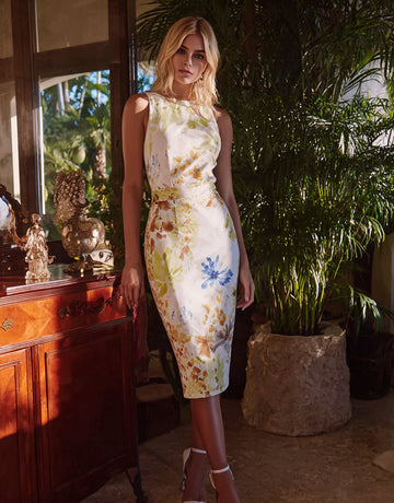 2025 Summer Women's Dresses Vacation Full Print Sleeveless Crew Neck Evening Formal Midi Sheath Dresses