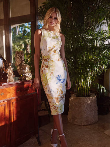 2025 Summer Women's Dresses Vacation Full Print Sleeveless Crew Neck Evening Formal Midi Sheath Dresses