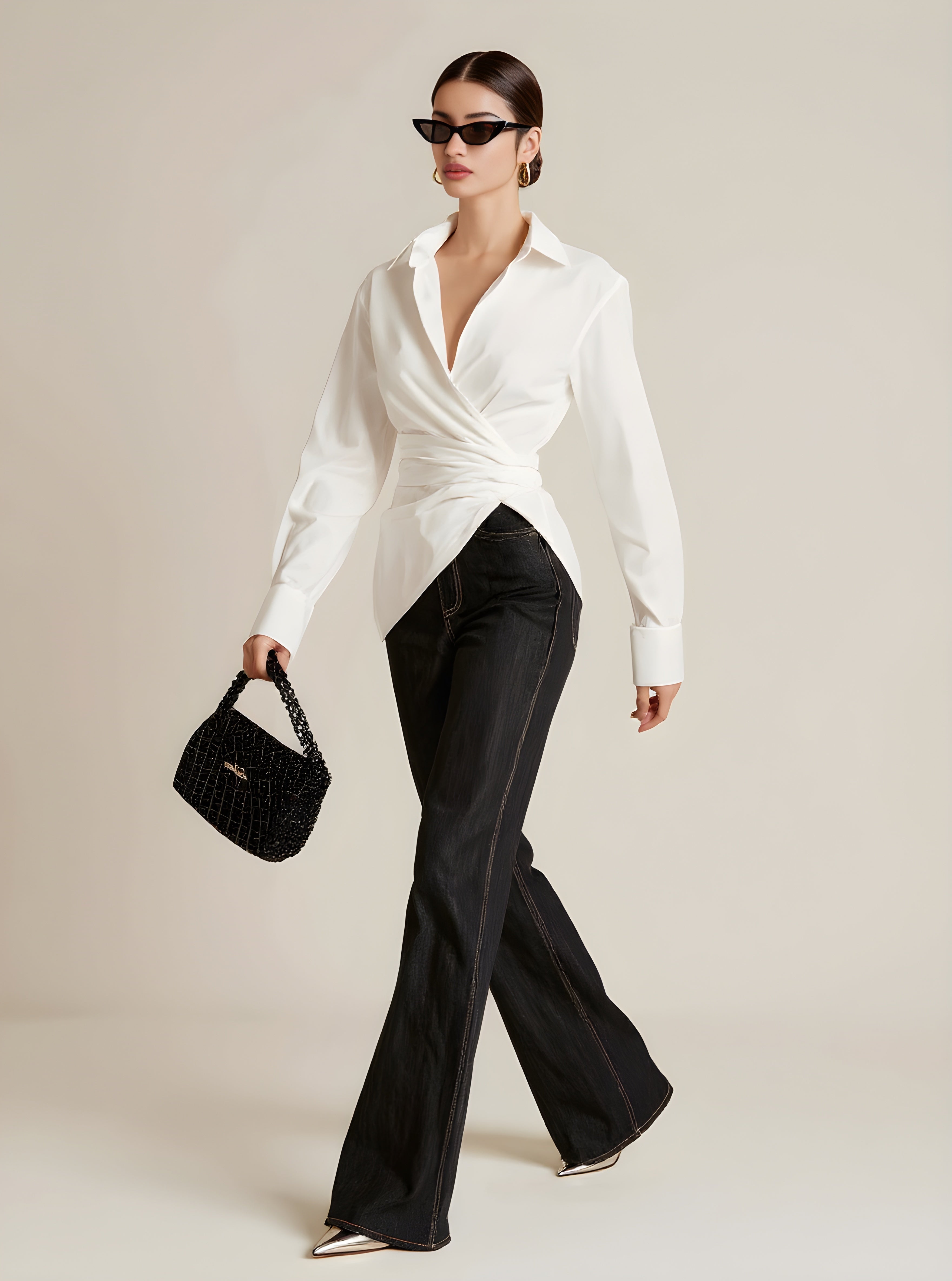 Autumn Shirts 2025 Women's Chic Plain Long Sleeve Shirt Collar Asymmetrical Nipped Waists Basics Shirts