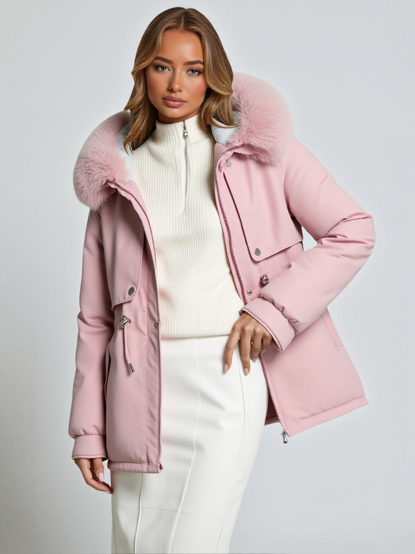 Women's Cotton-Padded Jacket Mid-Length Winter Coat Fur Trimmed Relaxed-Fit Fleece-Lined Parka Warm Outerwear