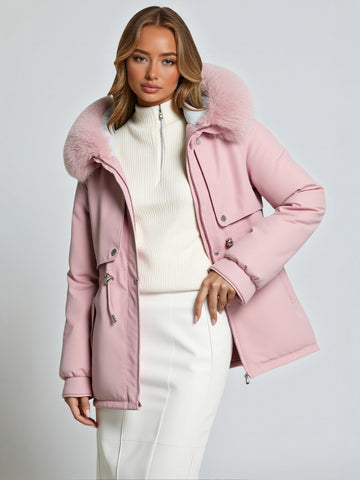 Women's Cotton-Padded Jacket Mid-Length Winter Coat Fur Trimmed Relaxed-Fit Fleece-Lined Parka Warm Outerwear