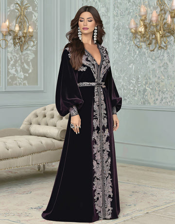 Autumn Jalabiyas Long A-Line Gown With V-Neck And Lantern Sleeves Casual Fit Muslim Women's Fashion Arabic Robe
