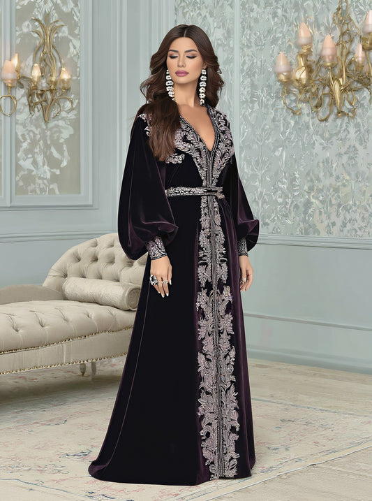 Autumn Jalabiyas Long A-Line Gown With V-Neck And Lantern Sleeves Casual Fit Muslim Women's Fashion Arabic Robe