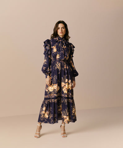 Autumn Winter Casual Dress Long A-Line Dresses Design Petal Sleeve Necktie Women's Fashion Clothing Bodyfit Style