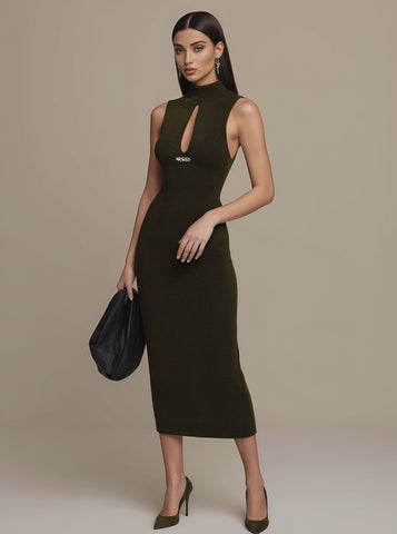Autumn Tight Fit Wrap Dress Mid-Length Casual Style Sleeveless High Collar Women's Fashion Skirt Type Dress