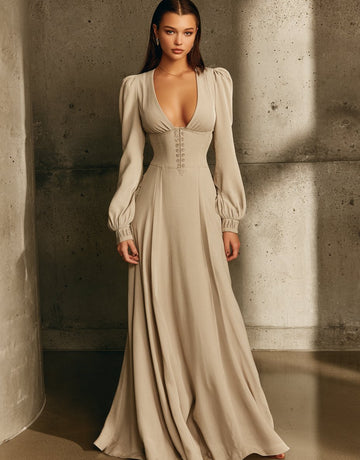 Women's Dresses Autumn Winter Daily 2025 Plain Long Sleeve Deep V Neck Maxi A-Skirt Casual Dresses