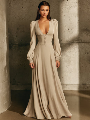 Women's Dresses Autumn Winter Daily 2025 Plain Long Sleeve Deep V Neck Maxi A-Skirt Casual Dresses