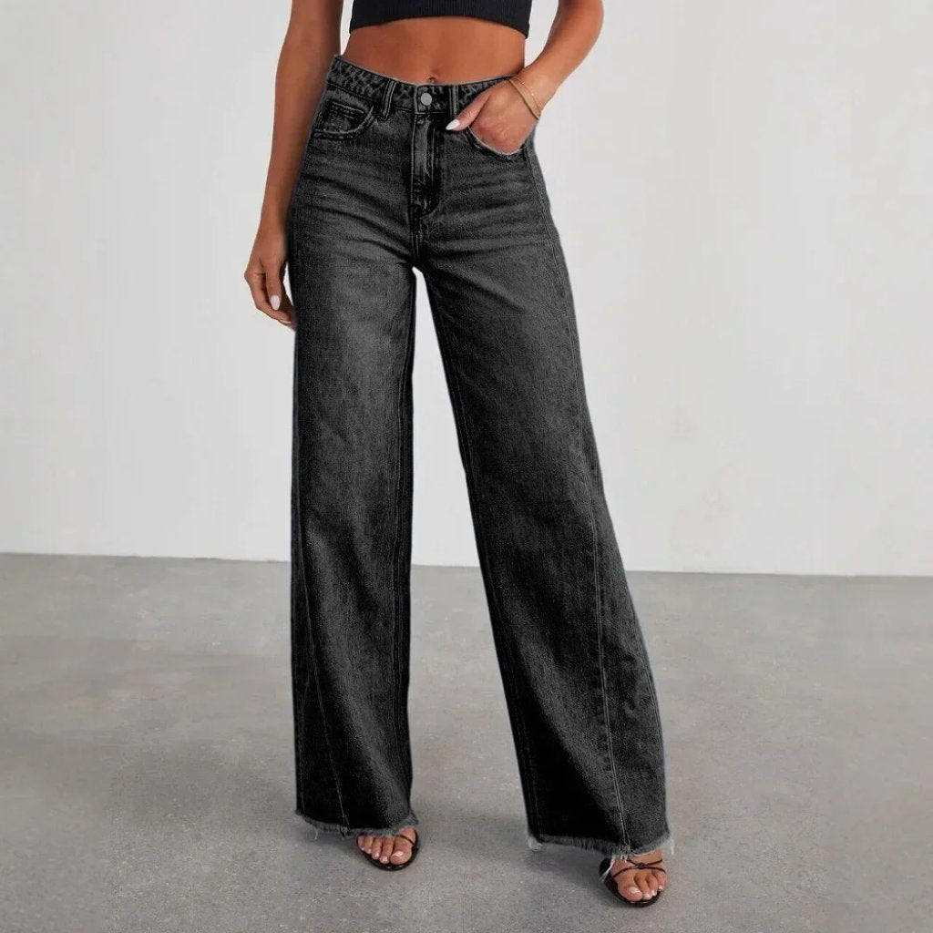 Women's Loose Wide Leg Jeans Side Stitched Hem Detail Fashion Casual Natural Waist Full Length Pants