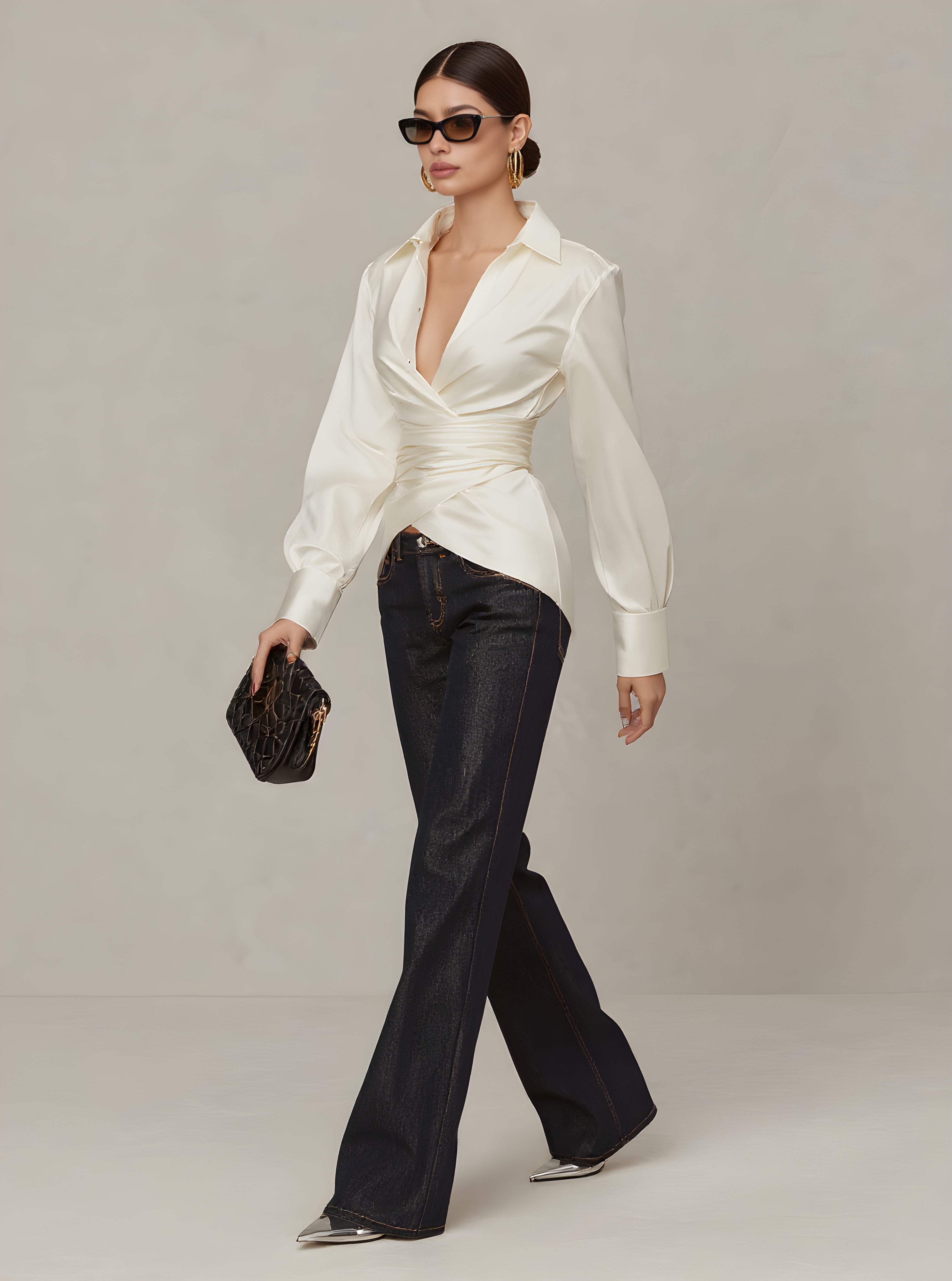 Autumn Shirts 2025 Women's Chic Plain Long Cuff Sleeve Shirt Collar Asymmetrical Nipped Waists Basics Shirts
