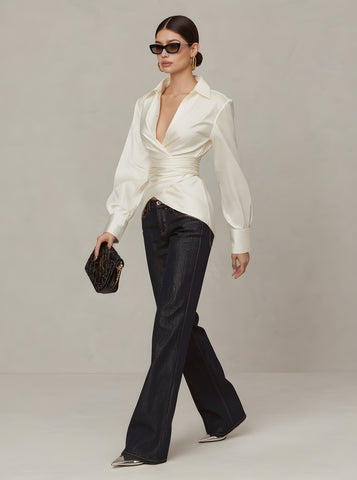 Autumn Shirts 2025 Women's Chic Plain Long Cuff Sleeve Shirt Collar Asymmetrical Nipped Waists Basics Shirts