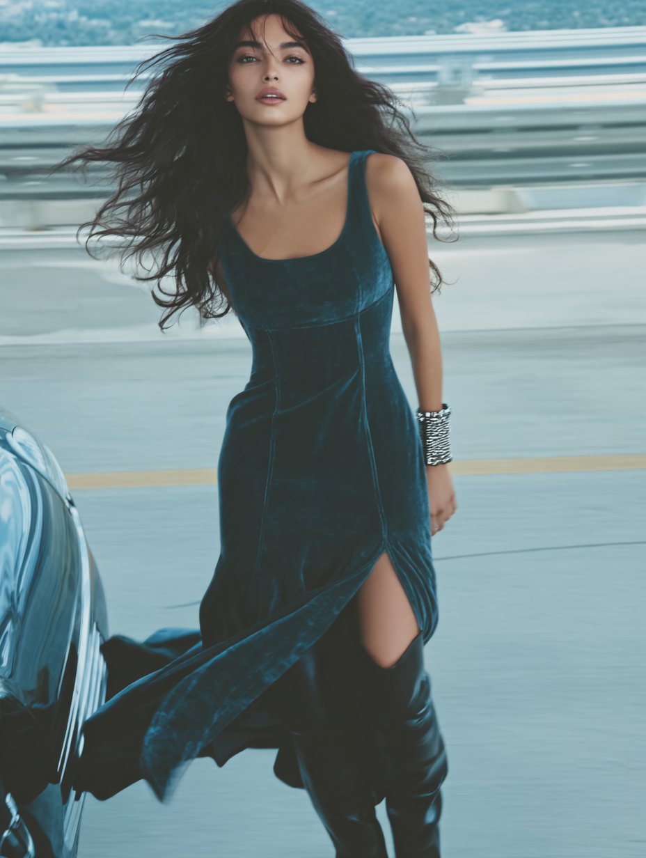 Casual Mid-Length A-Line Dress Square Collar Body-Fitting Design Women's Fashion Spring Autumn Seasonal Clothing