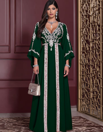 Autumn Casual Jalabiyas Long Dress V-neck Bell Sleeve A-line Skirt Style Muslim Fashion Arabic Robe Women's Clothing