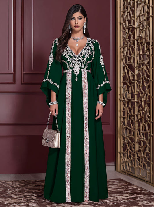 Autumn Casual Jalabiyas Long Dress V-neck Bell Sleeve A-line Skirt Style Muslim Fashion Arabic Robe Women's Clothing