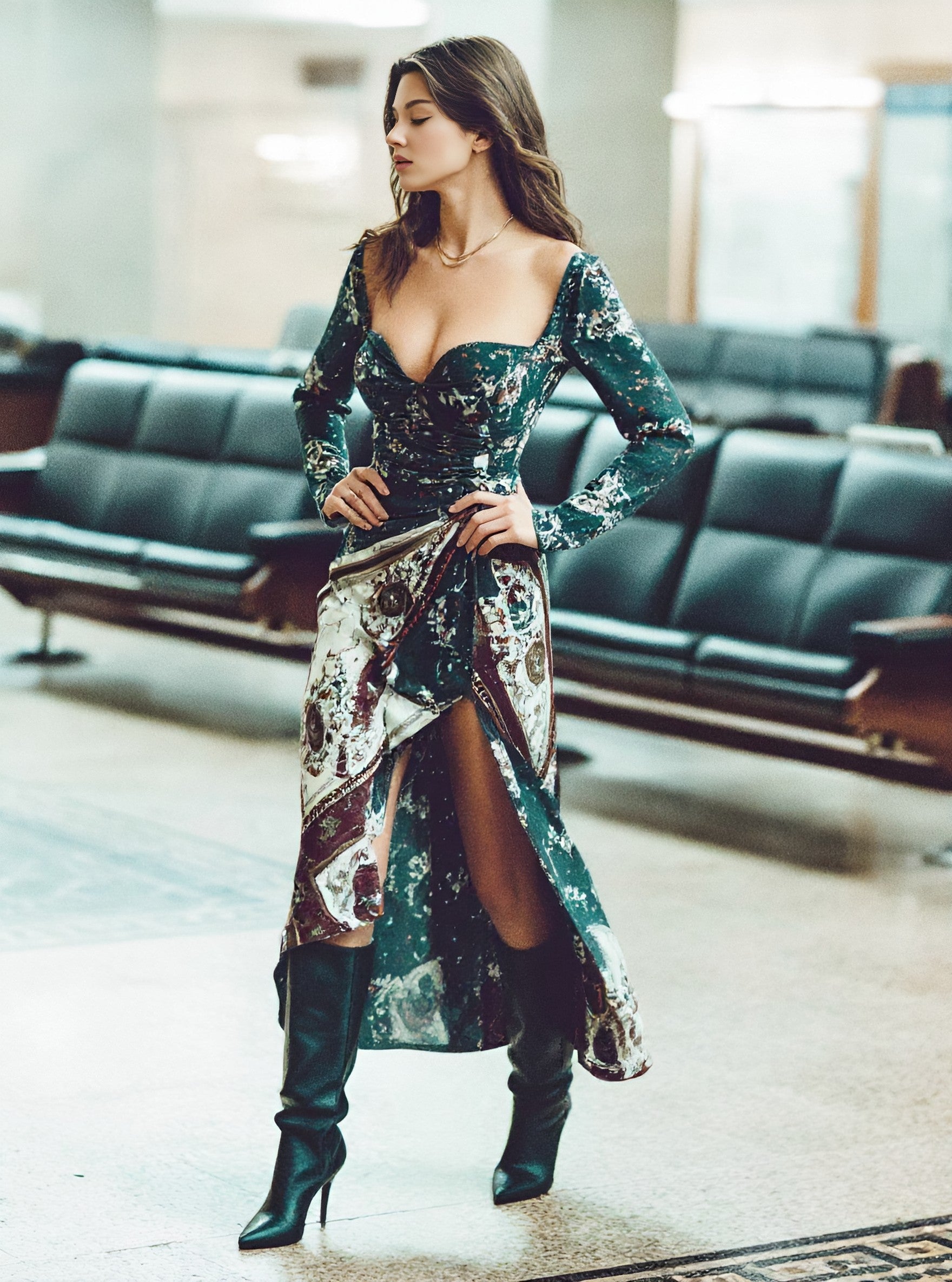 Spring Autumn Casual Dress A-Line Midi Skirt Round Neck Straight Sleeve Fit Body Style Women's Fashion Clothing