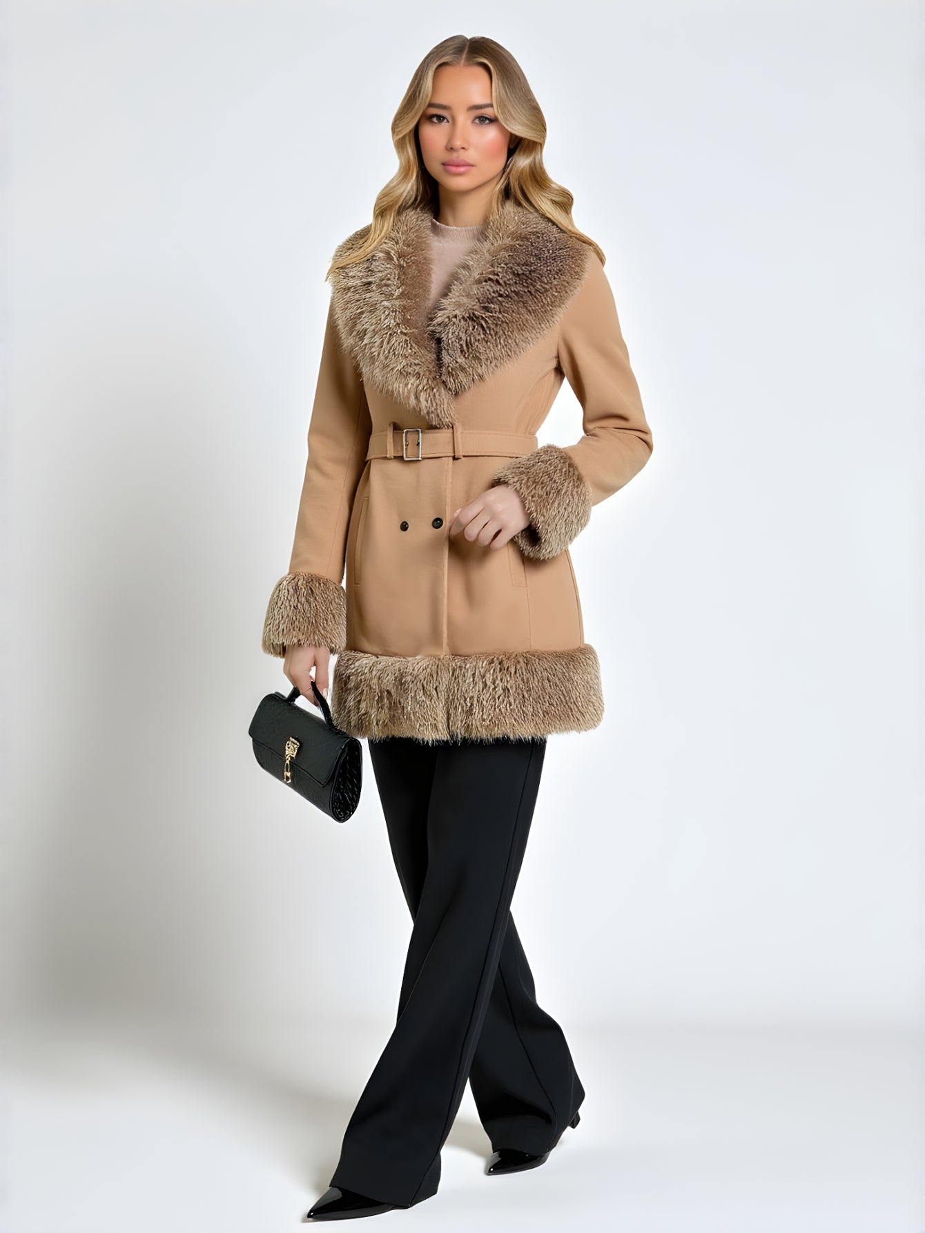 Women's Warm Wool Collar Belt Coat Mid-Length Solid Color Comfortable Eye-Absorbing Stitching Fur One European American Style