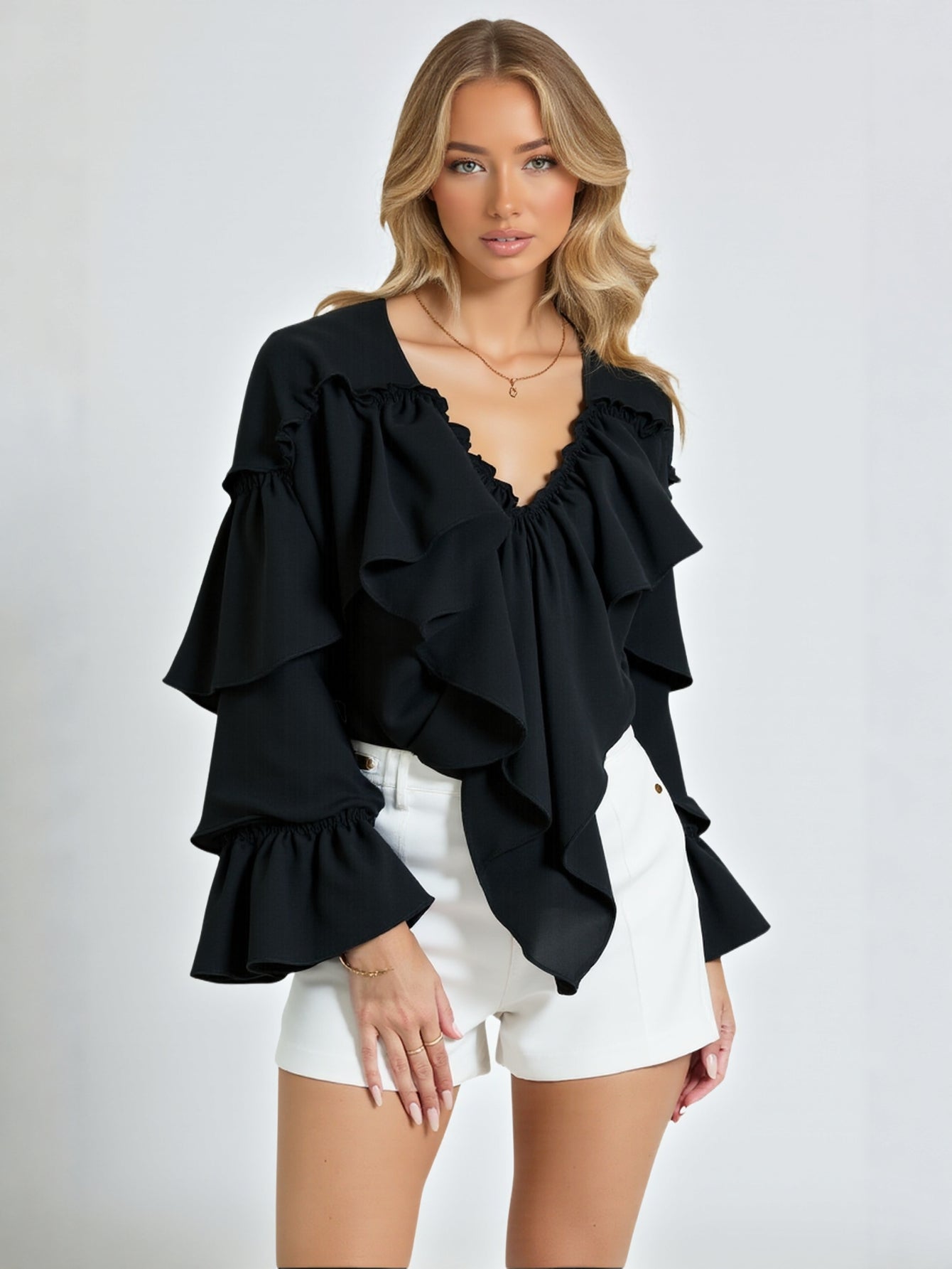 Women's Autumn French Elegant Solid Color Flounce Flare Sleeve V-Neck Casual Blouses