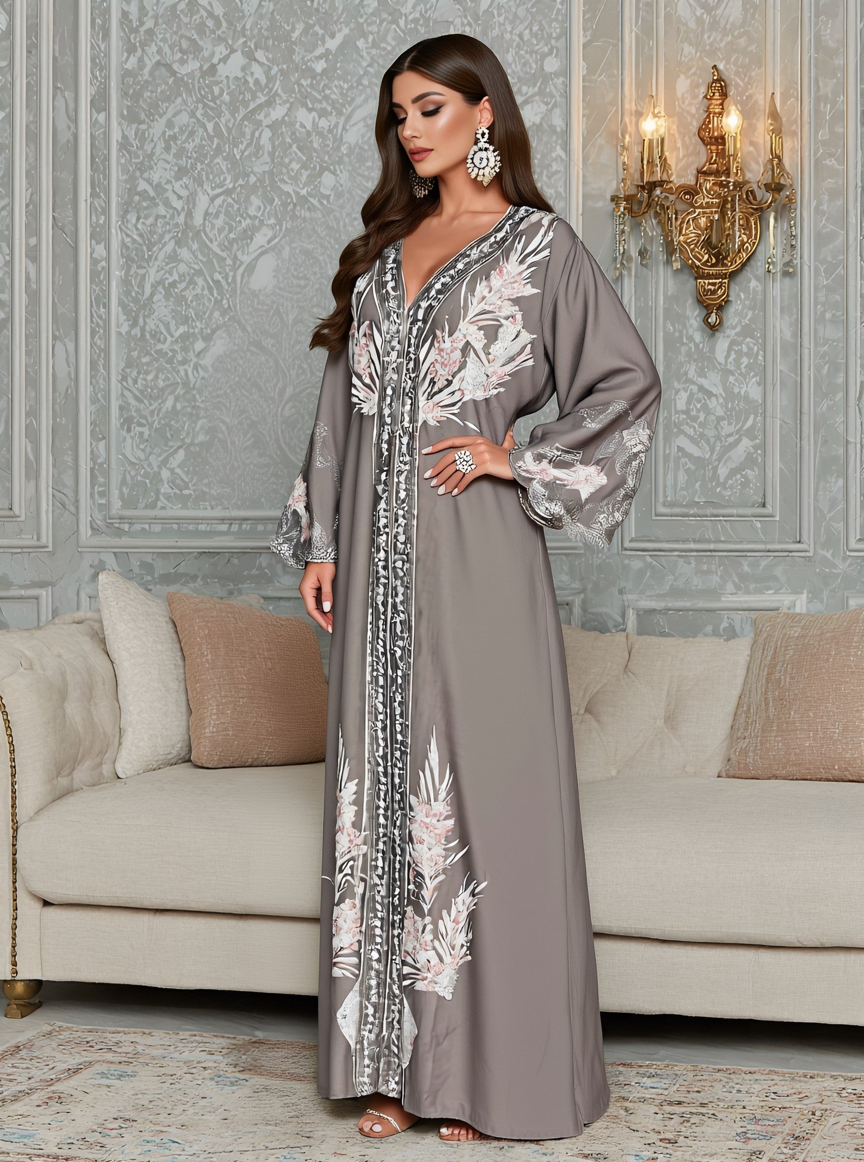 Autumn Jalabiyas Loose Casual Long Dress V-neck Sleeveless A-line Skirt Style Women's Arab Robe Fashion Muslim Clothing