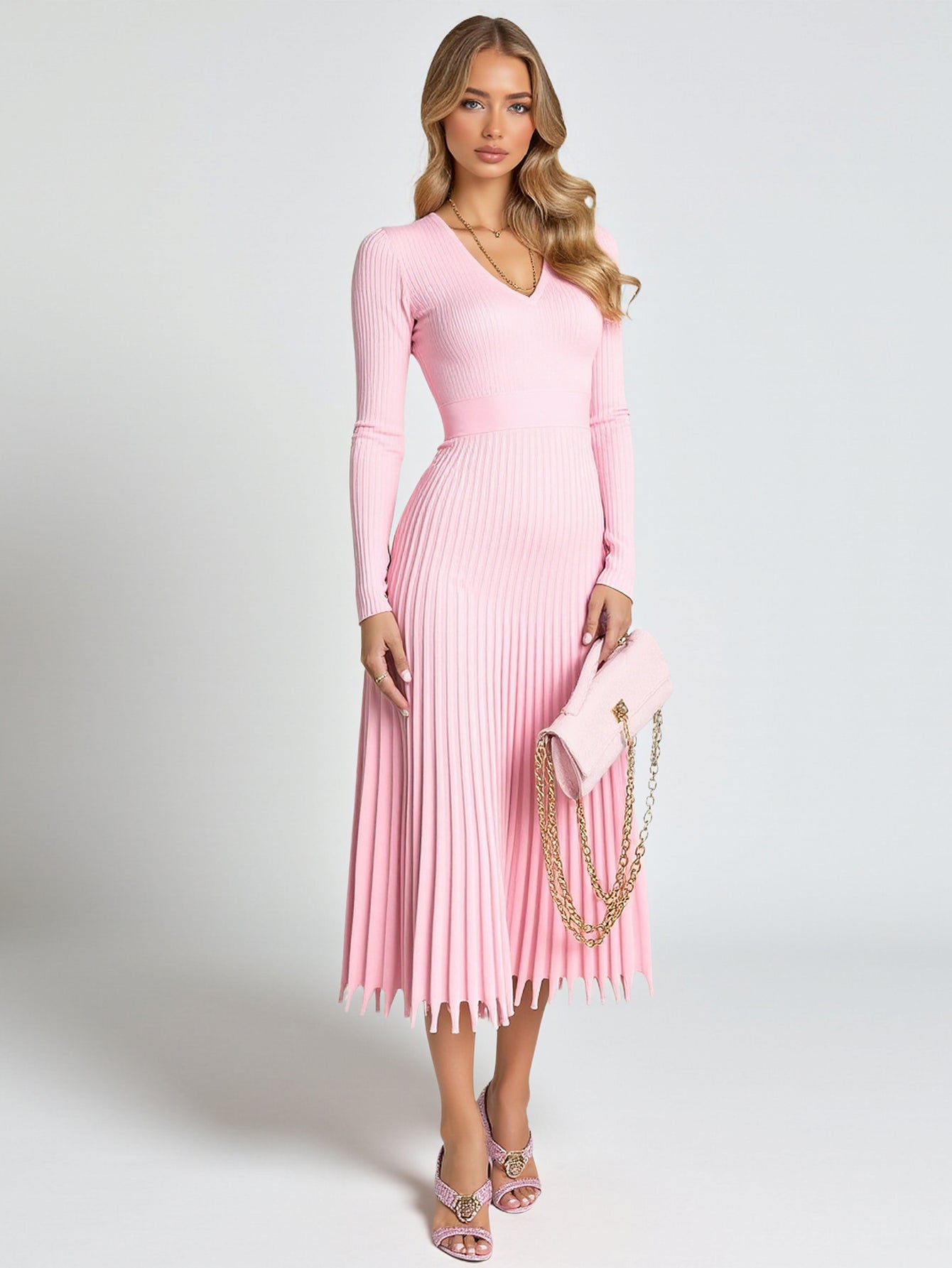 Women's Dresses Autumn Winter 2025 Daily Basic Solid Color Screw Thread Long Sleeve Round Neck Pleated Hem Fitting Slim Dresses