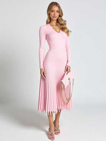 Women's Dresses Autumn Winter 2025 Daily Basic Solid Color Screw Thread Long Sleeve Round Neck Pleated Hem Fitting Slim Dresses