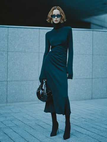 Casual Fitted Skirt High Collar Midi Dress Straight Sleeve Long Neck Line Autumn Fashion Women's Dress