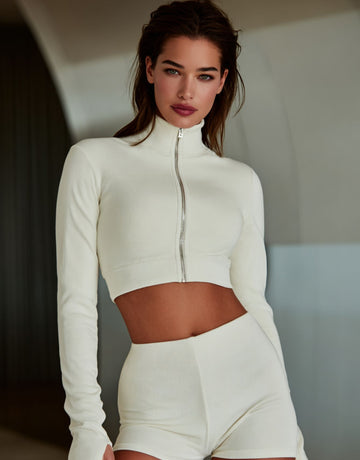 Women's Autumn Sets Korean Basics High Neck Zipper Long Sleeve Cropped Natural Waist Short Sets