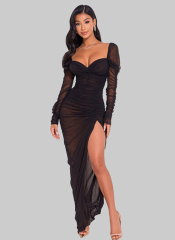 2025 Autumn Women's Dresses Elegant Plain Long Sleeve Sweetheart Neck Side Slit Sexy Sheer Maxi Evening Dress