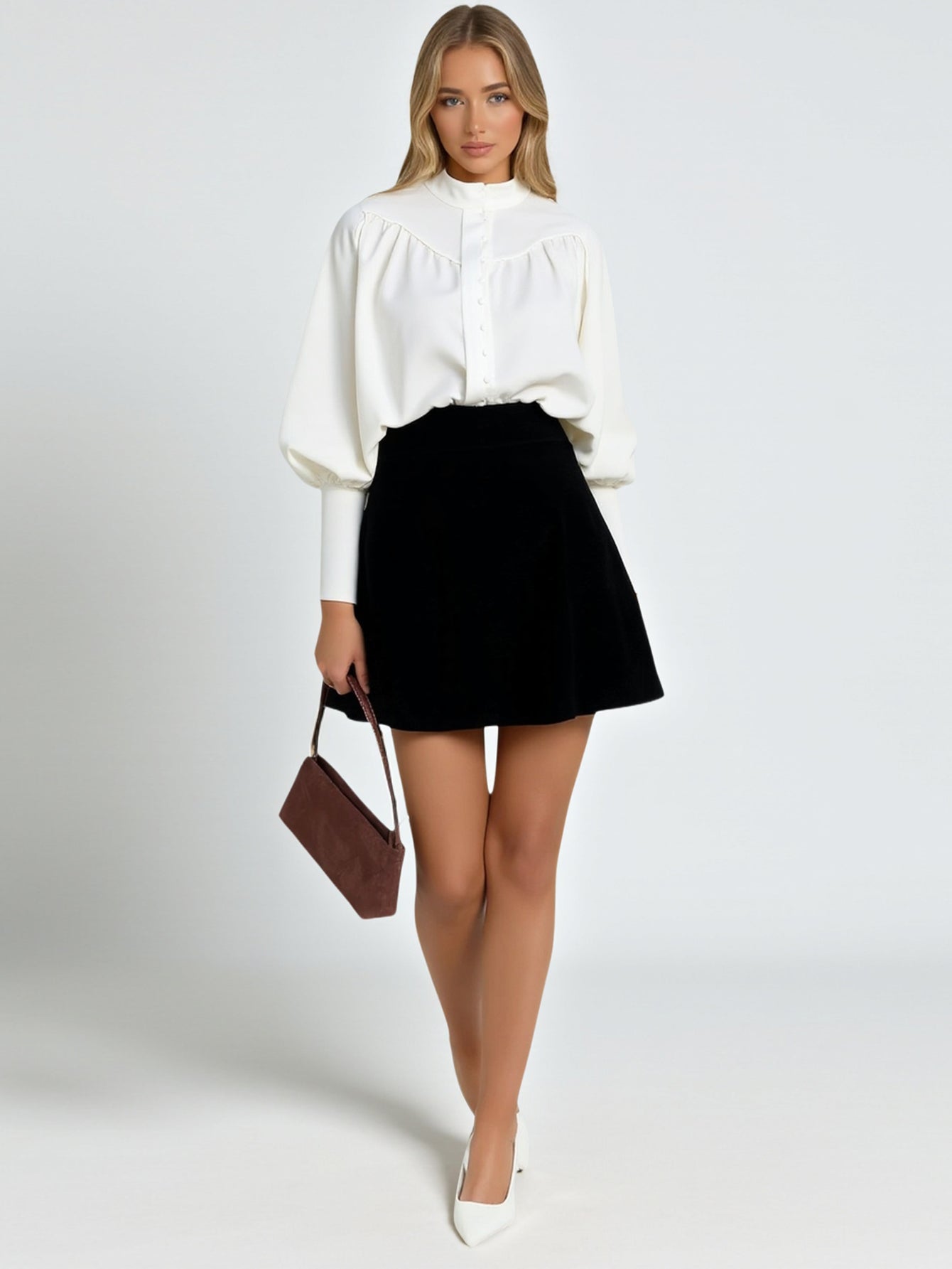 Women's White Casual Shirt Autumn Winter Loose Small Stand Collar Lantern Sleeve Pleated Commuter Style Gas Texture