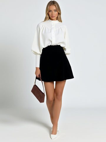 Women's White Casual Shirt Autumn Winter Loose Small Stand Collar Lantern Sleeve Pleated Commuter Style Gas Texture