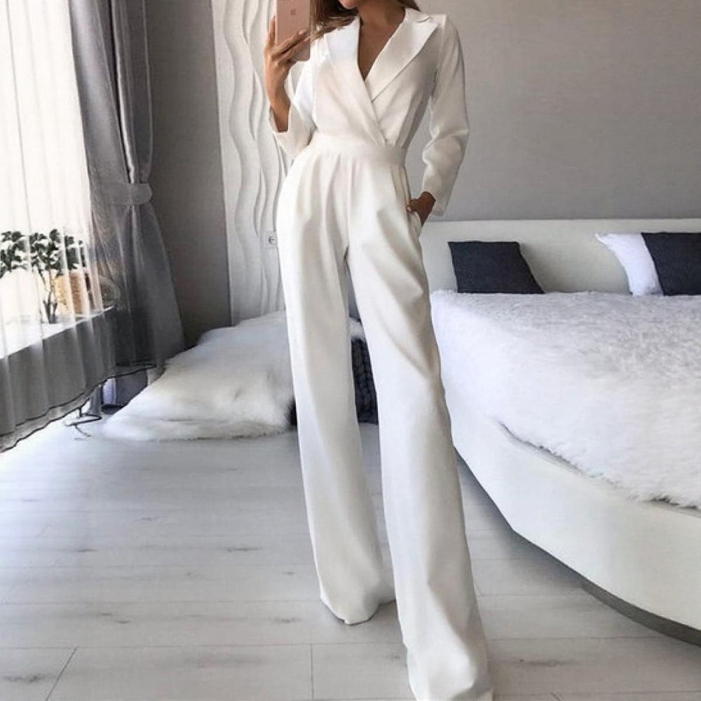 Autumn Women's Jumpsuits Decent Simple Solid Color Long Sleeve Lapel Full Length Straight Office Lady Jumpsuits