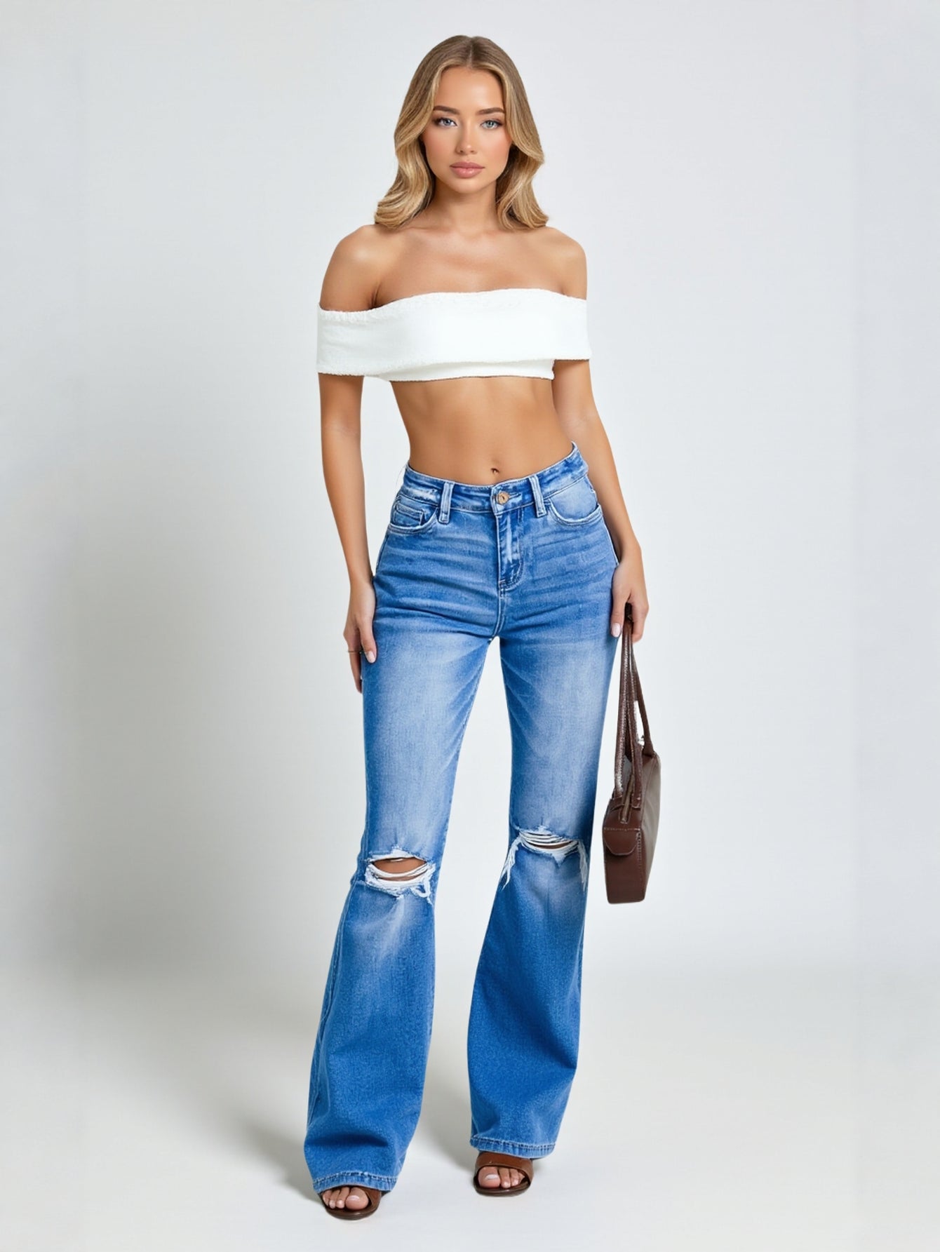 Ladies High Waist Slim Stretch Jeans New Ripped Fashion Women's Denim Pants Ripped Natural Waist Full Length