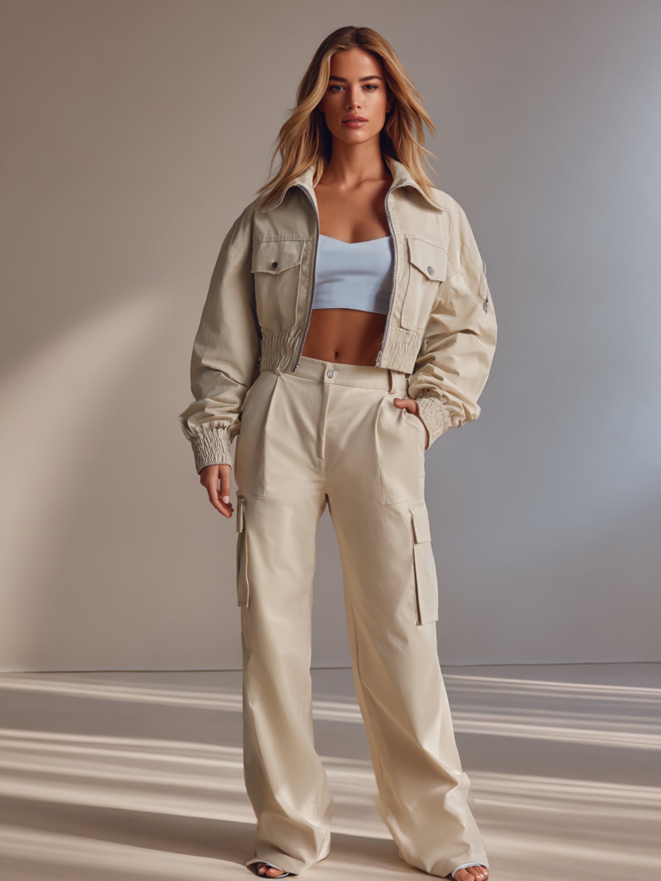 Women's Sets Autumn Winter Safari Style Plain Zipper Open Front Long Sleeve Lapel Full Length Cargo Pants Sets