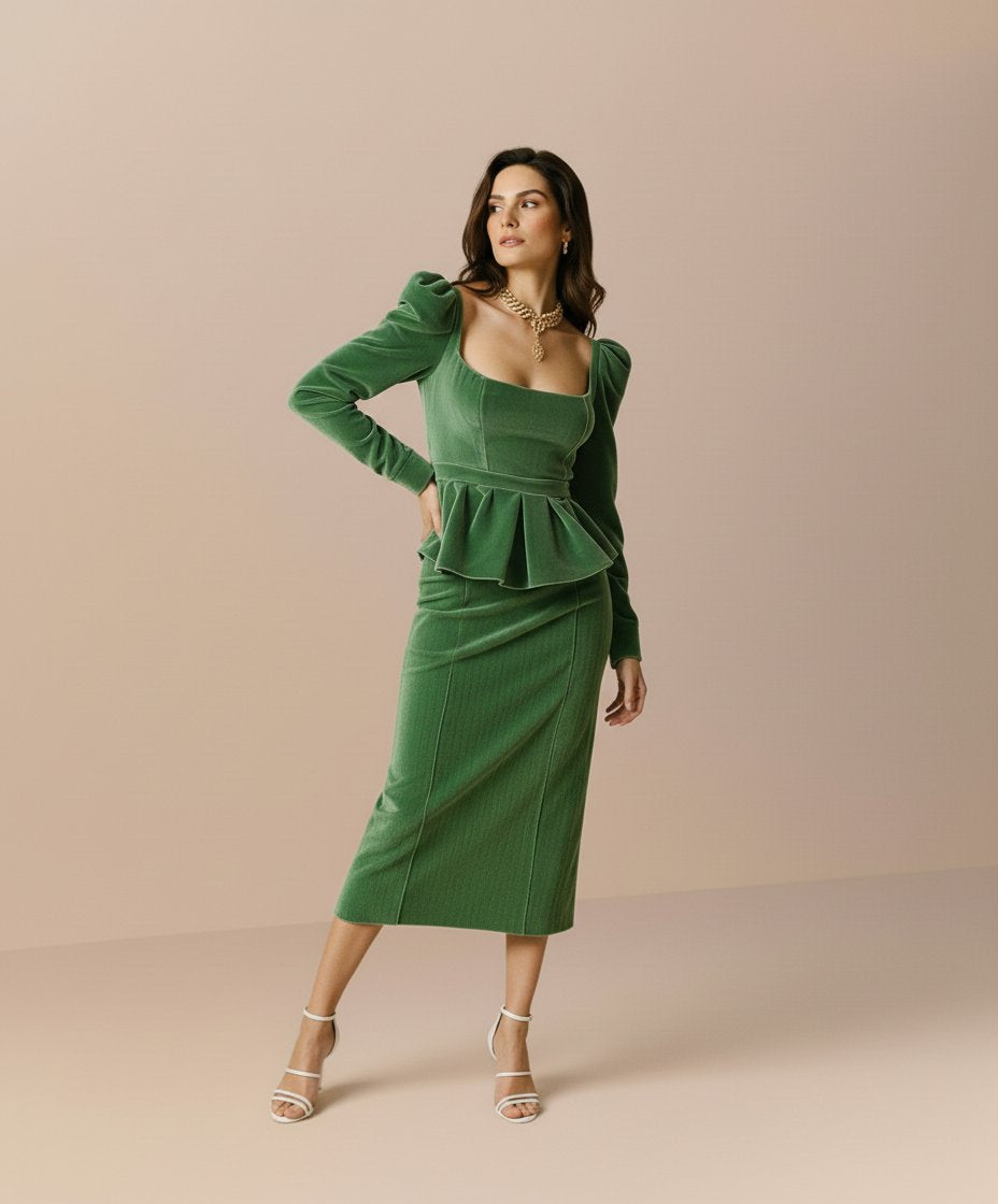 Autumn Winter Casual Dress Mid-Length Straight Skirt Design Square Collar Lamb Leg Sleeve Fit Body Style Women's Fashion