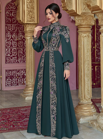 Casual Round Neck Lantern Sleeve Long Dress A-Line Skirt Style Comfortable Fit Muslim Women Fashion Autumn Dress