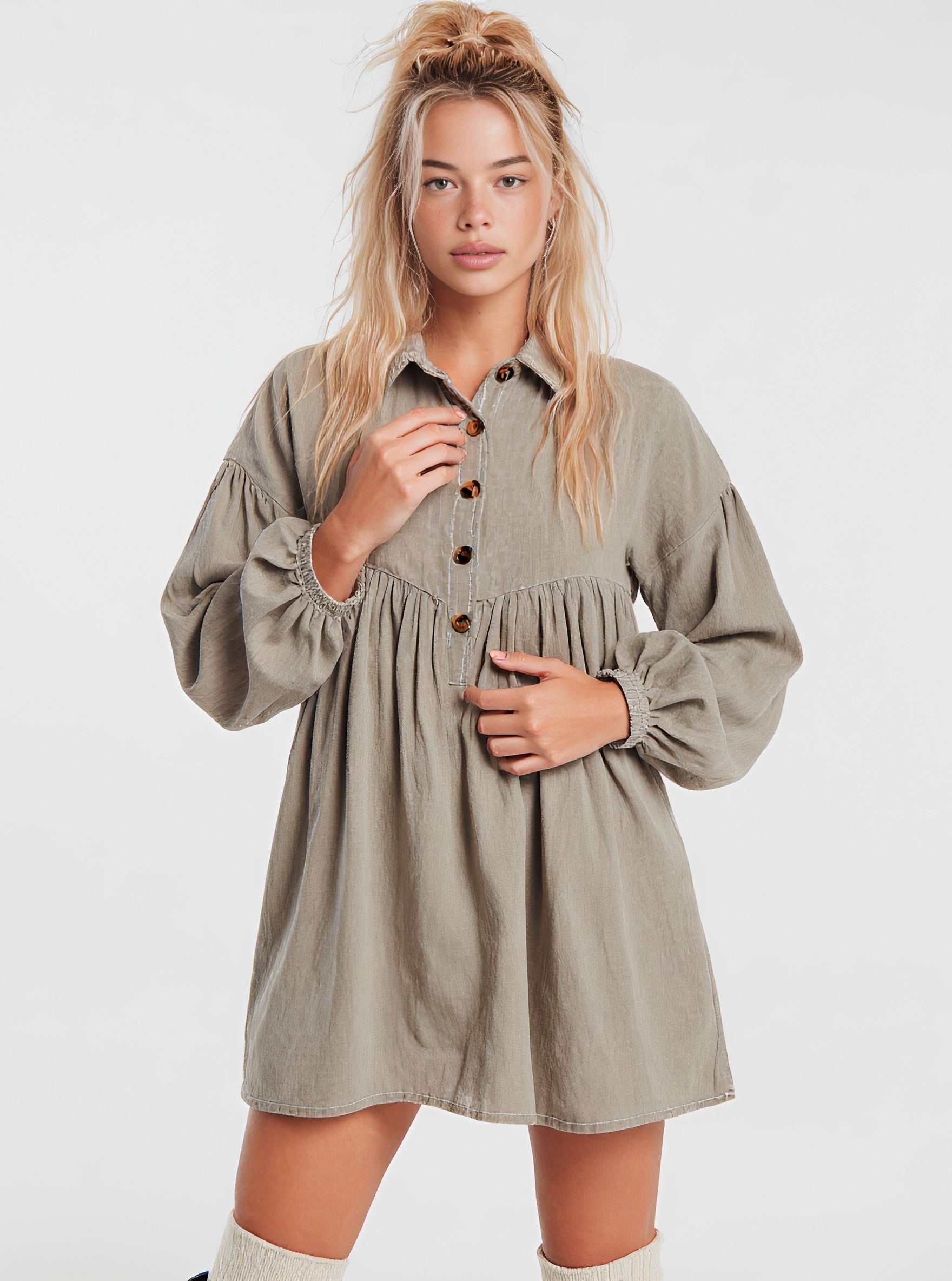 Loose Fit Mid-Length Dress Autumn Fashion Shirt Collar Lantern Sleeve Casual Style Women's Skirt Type Dress