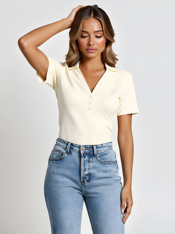 Jumpsuits Spring Summer Simple Daily Plain Button Short Sleeve Polo Collar Cropped Casual Jumpsuits For Women