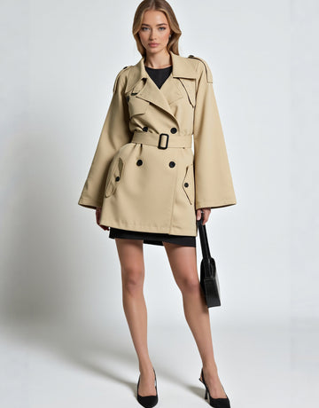 Women's Khaki Long Windbreaker Coat Double-Breasted Lapel Slimming Elegant Autumn Outerwear