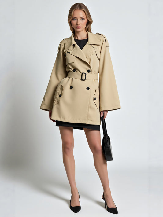 Women's Khaki Long Windbreaker Coat Double-Breasted Lapel Slimming Elegant Autumn Outerwear