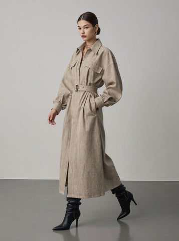 Women's Trench Coat Autumn Elegant 2025 Plain Belted Shirt Collar Long Sleeve Long Business Trench Coat