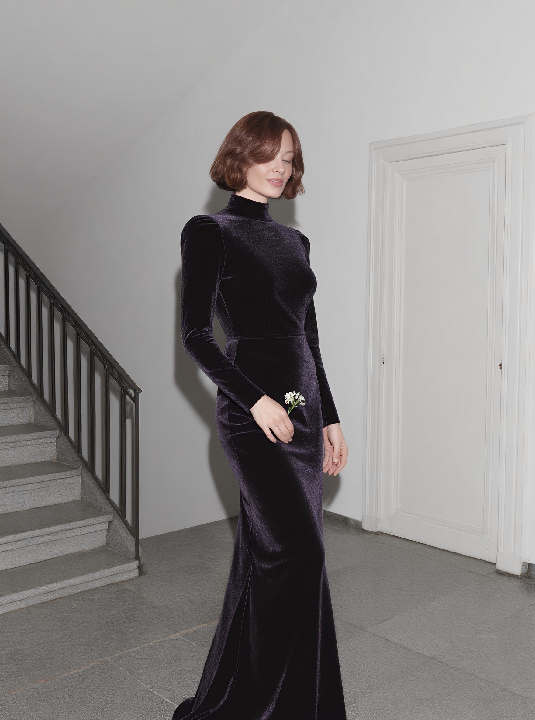 Autumn Tight Fit Dress High Collar Floor Length A-Line Skirt Casual Style Straight Sleeve Long Evening Gown Women's Fashion