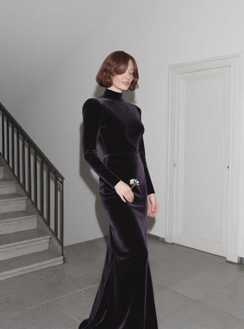 Autumn Tight Fit Dress High Collar Floor Length A-Line Skirt Casual Style Straight Sleeve Long Evening Gown Women's Fashion