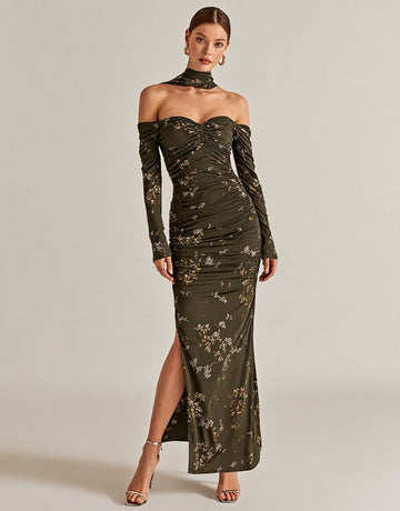 Autumn Dresses 2025 Women's Elegant Ditsy Floral Long Sleeve Halter Neck Side Slit Party Midi Dresses