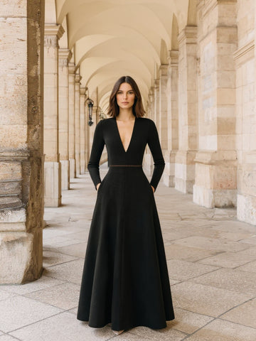 Autumn Dresses 2025 Women's Elegant Plain Draped Long Sleeve V-Neck A-Line Midi Party Dresses