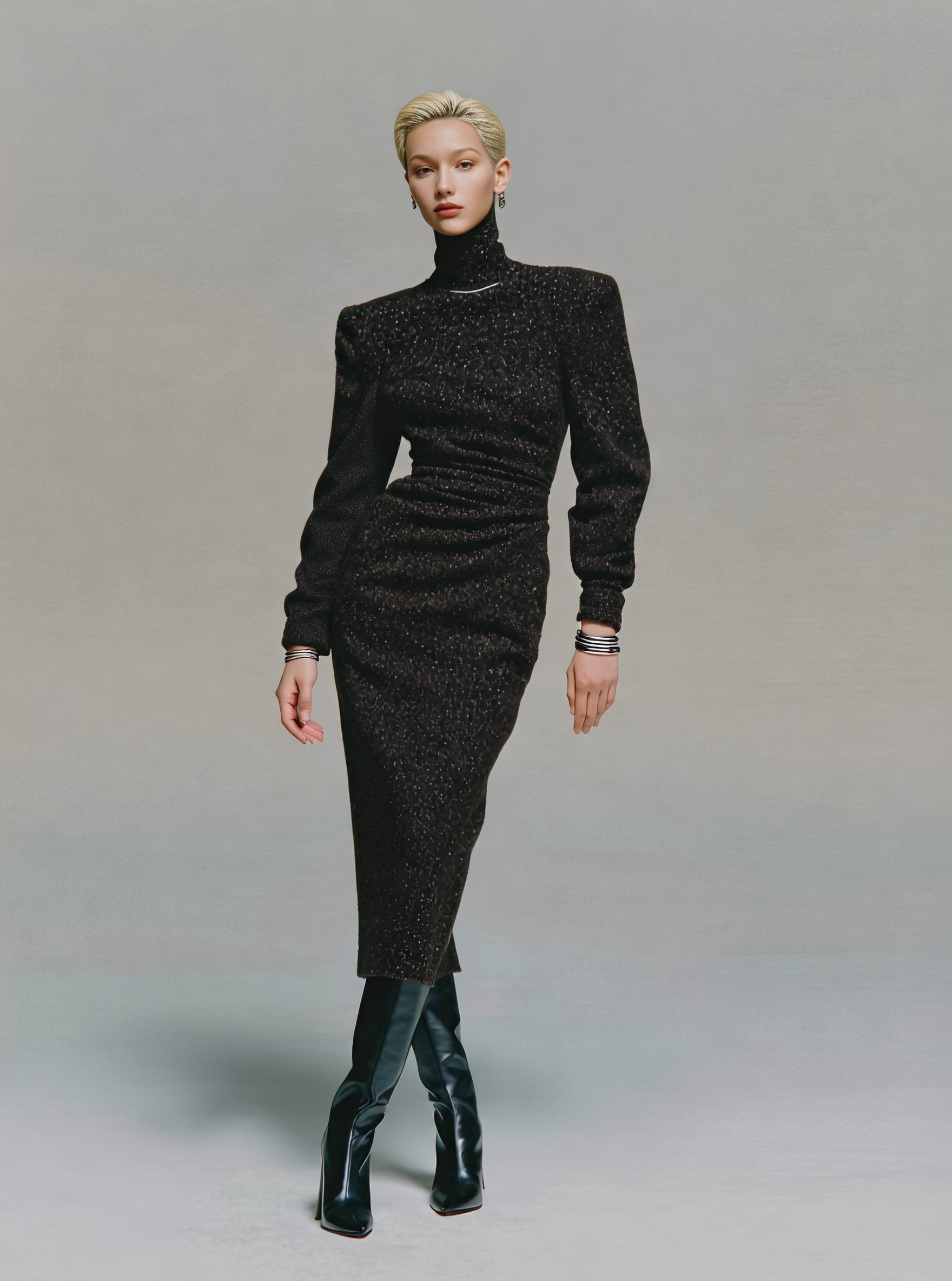 Winter Tight Fit Dress Casual High Collar Mid-Length Skirt Style Straight Sleeve Bodycon Style Women's Clothing