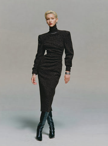 Winter Tight Fit Dress Casual High Collar Mid-Length Skirt Style Straight Sleeve Bodycon Style Women's Clothing