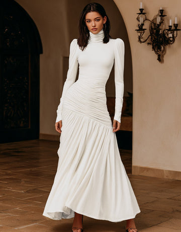 Women's Dress Autumn Elegant 2025 Plain Ruched High Neck Long Sleeve Mermaid Maxi Evening Formal Dress