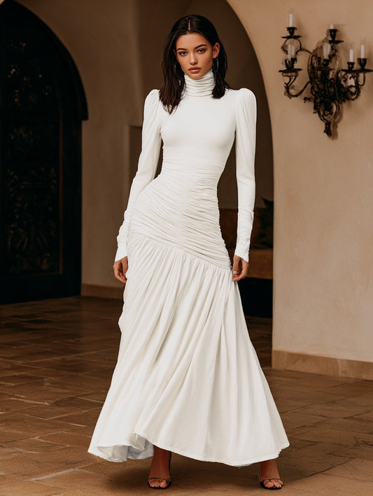 Women's Dress Autumn Elegant 2025 Plain Ruched High Neck Long Sleeve Mermaid Maxi Evening Formal Dress