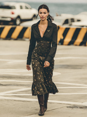 Autumn Winter Casual Dress Shirt Sleeve Turn-down Collar Bodycon Skirt Length Medium Dress For Women Fashion Style