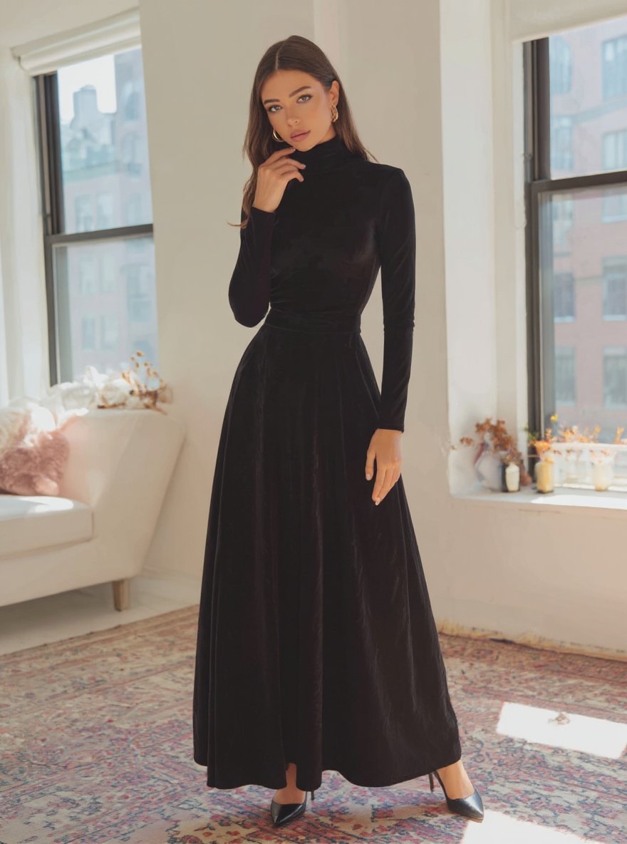 2025 Autumn Elegant Women'S Dresses Solid Color Long Sleeve High Neck Nipped Waists A-Line Maxi Evening Dresses
