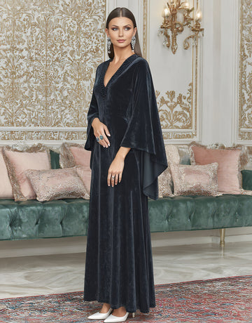 Casual Mid-Length Dress With Pleated Sleeves And V-Neck Design For Autumn Season Body-Fitting Muslim Fashion Dress